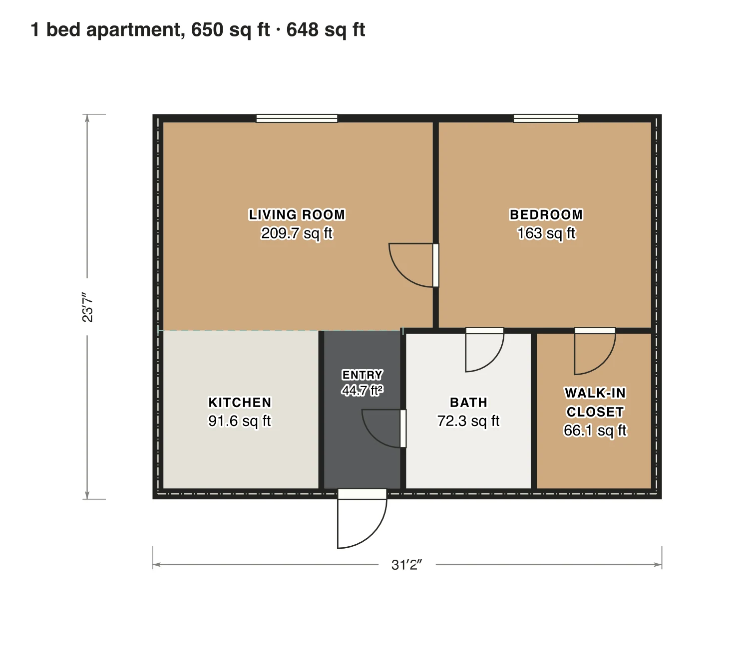 1 bed apartment, 650 sq ft floor plan: 648 sq ft (60 m²) inside the walls, 1 bed, 1 bath · one floor, drawn to scale with every room labeled.
