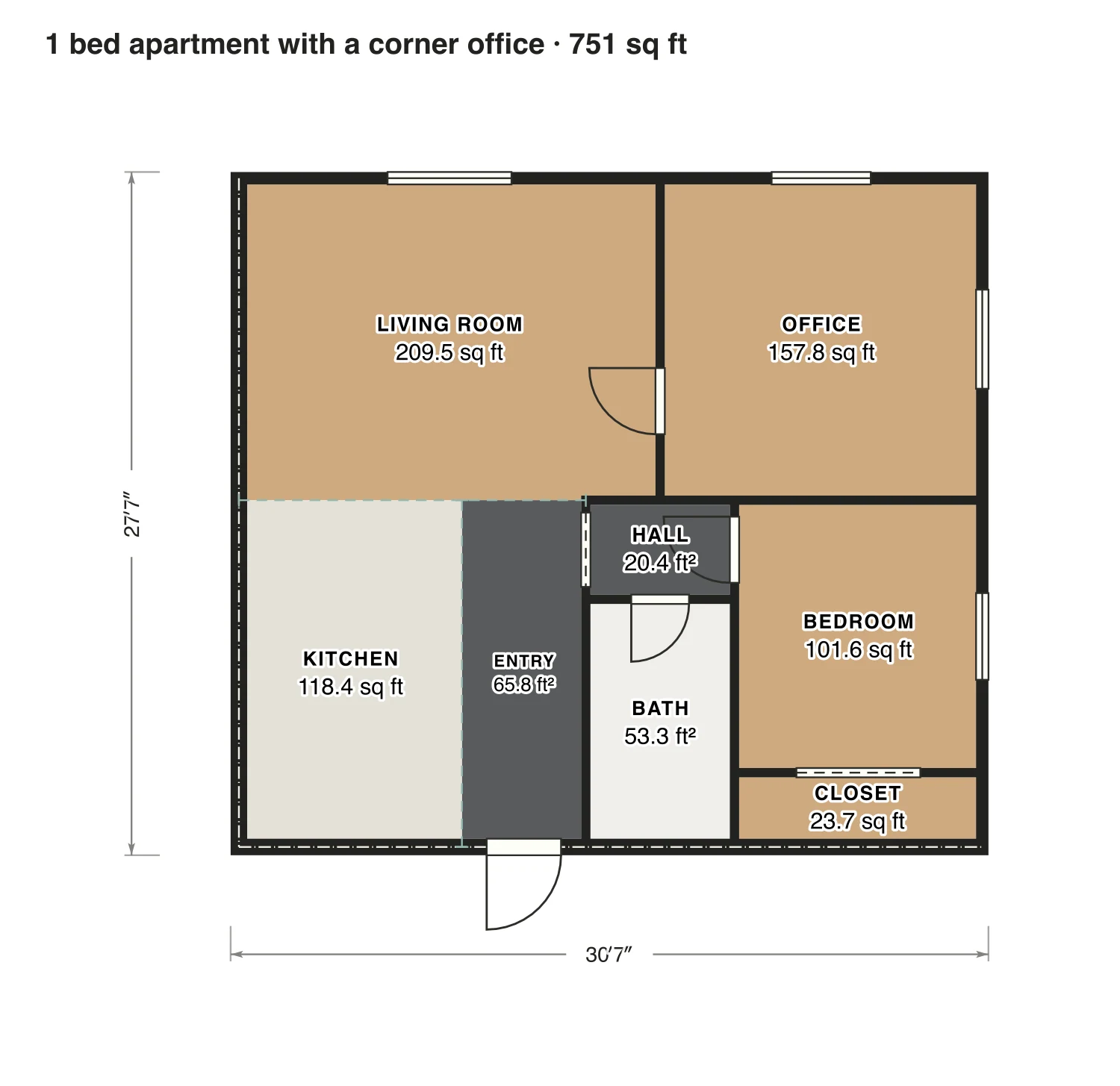 1 bed apartment with a corner office floor plan: 751 sq ft (70 m²) inside the walls, 1 bed, 1 bath · one floor, drawn to scale with every room labeled.
