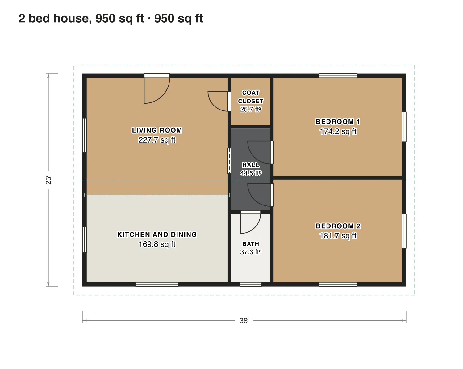 2 bed house, 950 sq ft floor plan: 950 sq ft (88 m²) finished, 2 bed, 1 bath · one floor, drawn to scale with every room labeled.