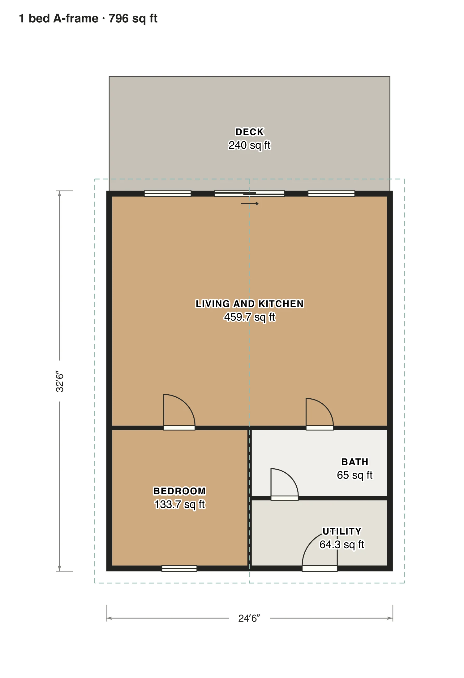 1 bed A-frame floor plan: 796 sq ft (74 m²) finished, 1 bed, 1 bath · one floor, drawn to scale with every room labeled.