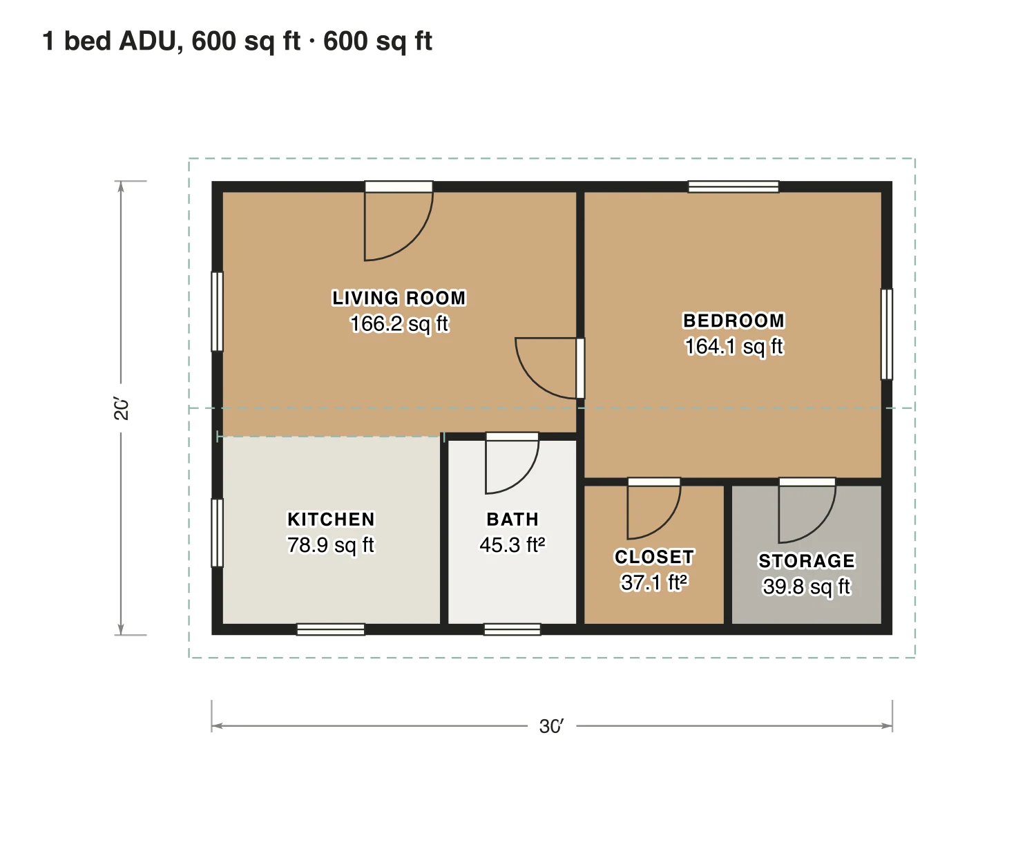 1 bed ADU, 600 sq ft floor plan: 600 sq ft (56 m²) finished, 1 bed, 1 bath · one floor, drawn to scale with every room labeled.
