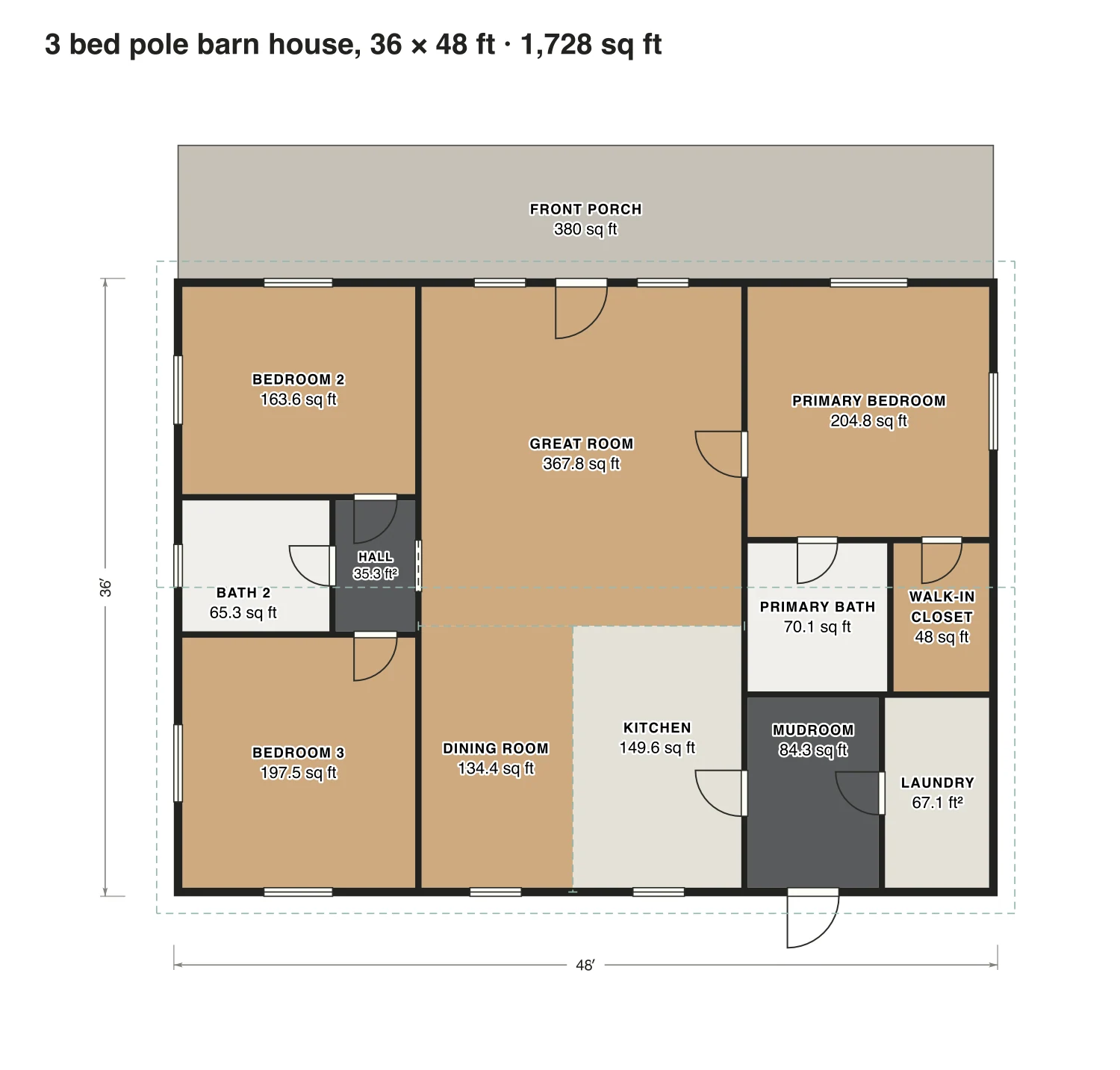 3 bed pole barn house, 36 × 48 ft floor plan: 1,728 sq ft (161 m²) finished, 3 bed, 2 bath · one floor, drawn to scale with every room labeled.