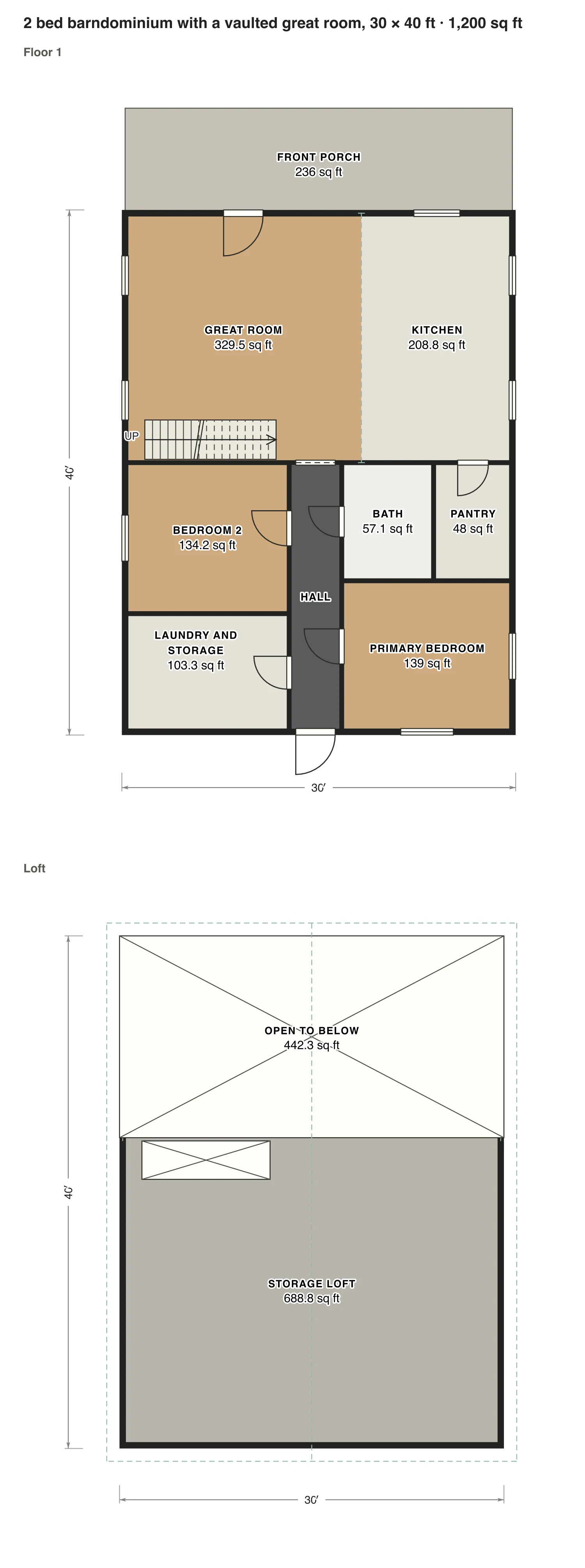 2 bed barndominium with a vaulted great room, 30 × 40 ft floor plan: 1,200 sq ft (111 m²) finished, 2 bed, 1 bath · 2 floors, drawn to scale with every room labeled.