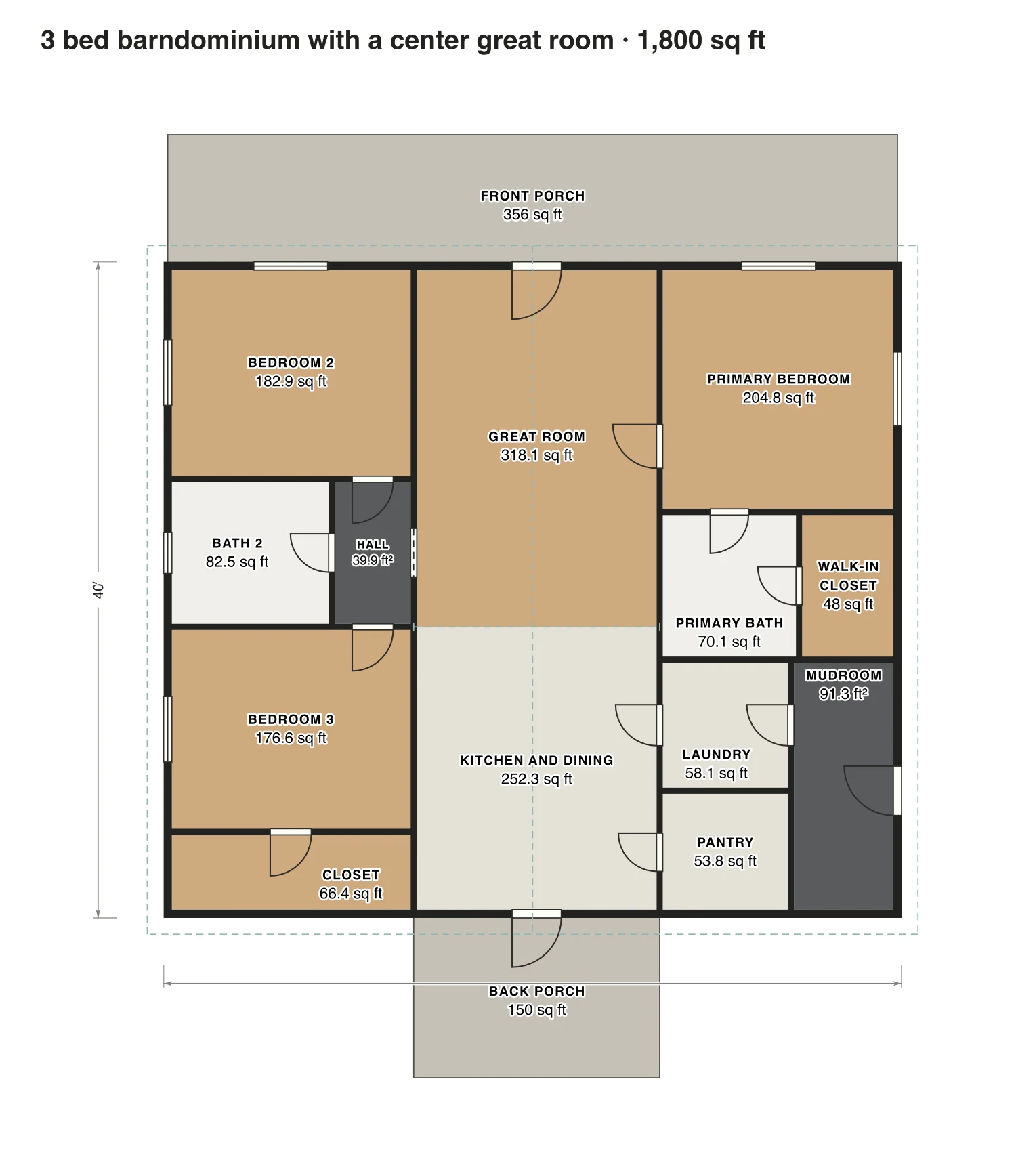 3 bed barndominium with a center great room floor plan: 1,800 sq ft (167 m²) finished, 3 bed, 2 bath · one floor, drawn to scale with every room labeled.