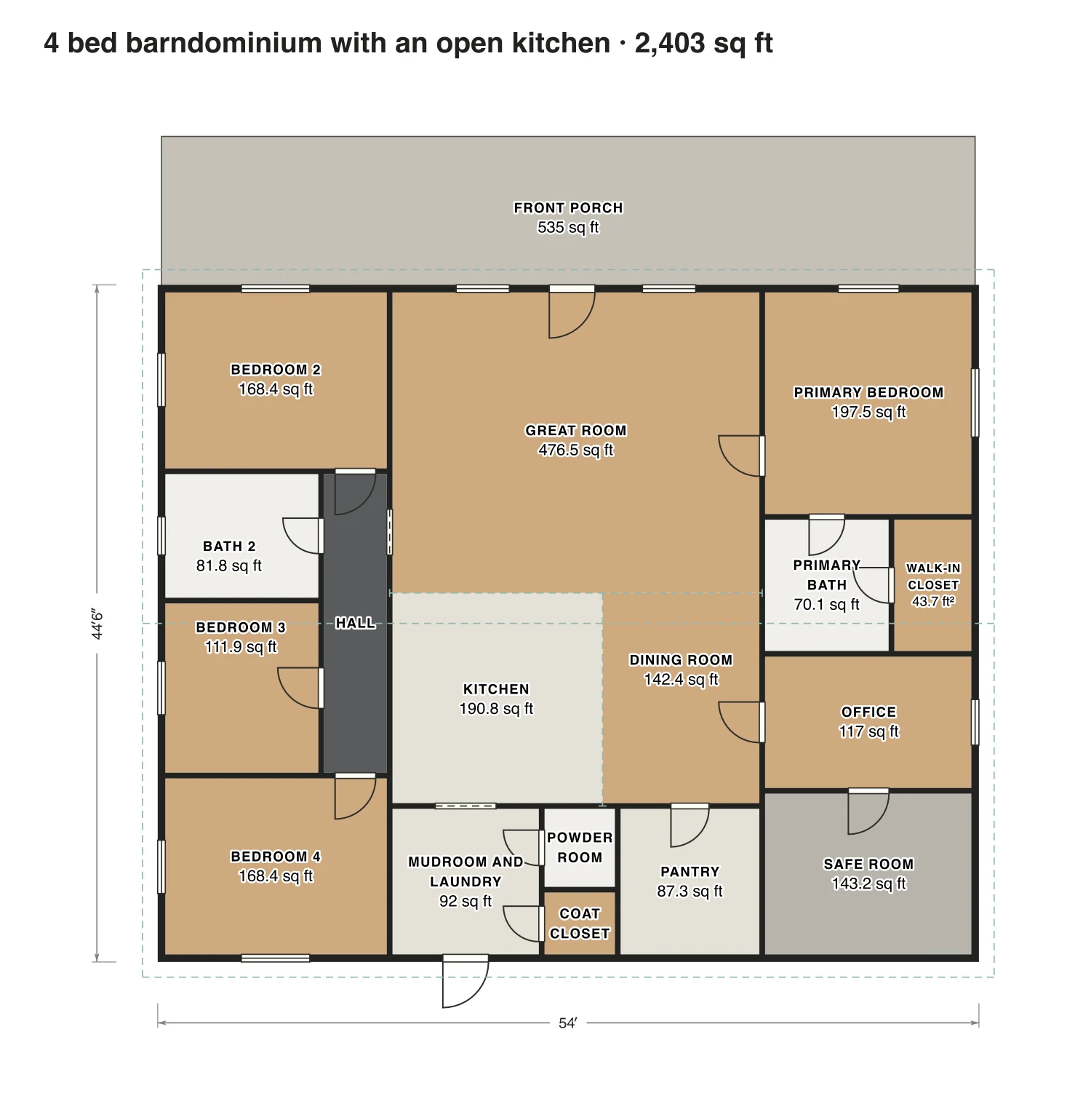4 bed barndominium with an open kitchen floor plan: 2,403 sq ft (223 m²) finished, 4 bed, 2.5 bath · one floor, drawn to scale with every room labeled.