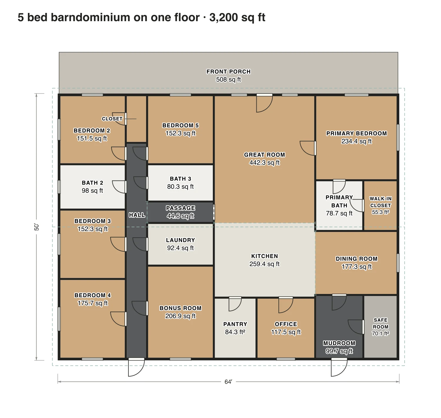 5 bed barndominium on one floor floor plan: 3,200 sq ft (297 m²) finished, 5 bed, 3 bath · one floor, drawn to scale with every room labeled.