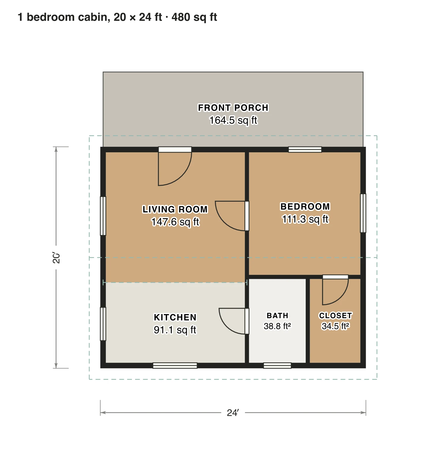 1 bedroom cabin, 20 × 24 ft floor plan: 480 sq ft (45 m²) finished, 1 bed, 1 bath · one floor, drawn to scale with every room labeled.