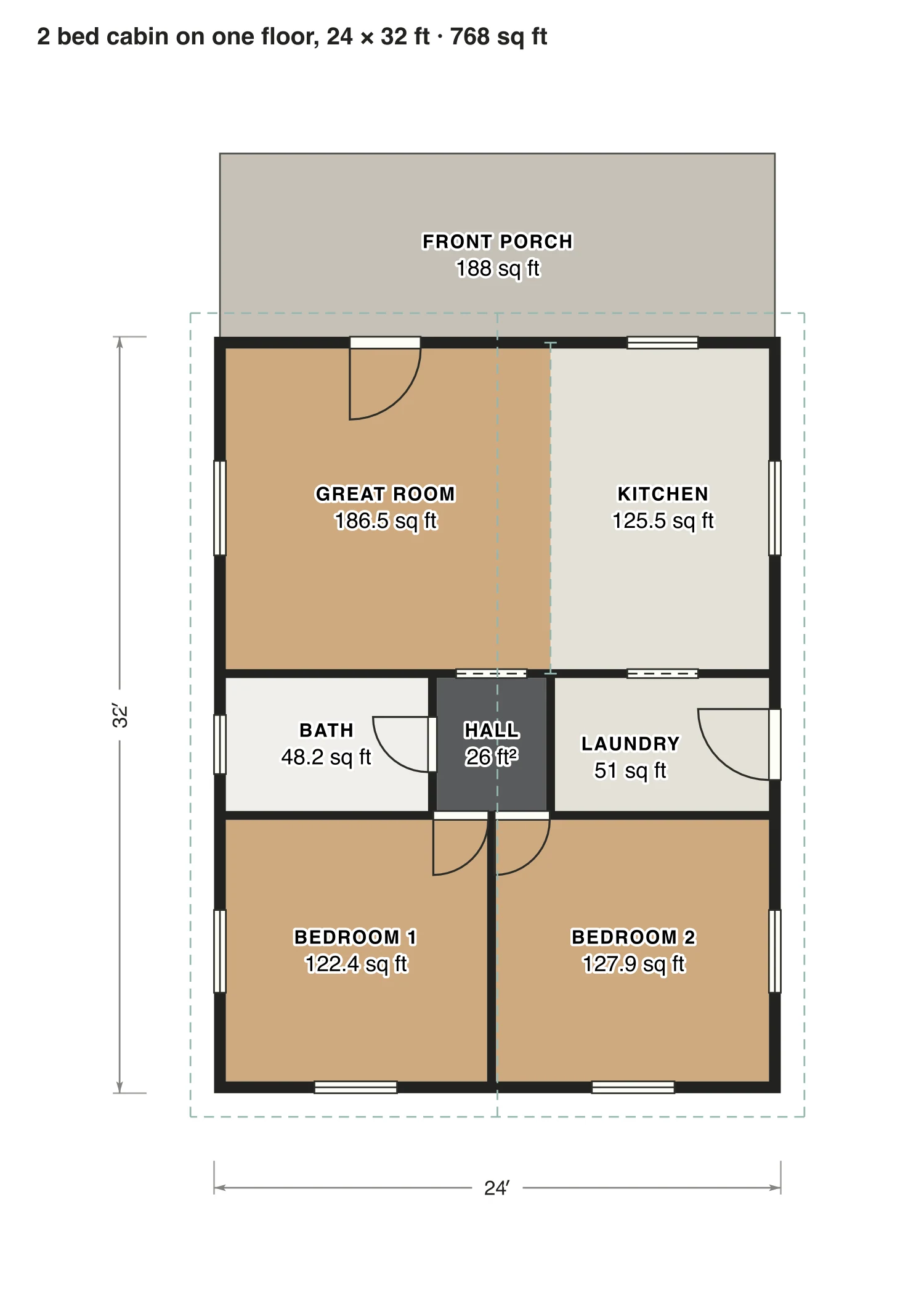 2 bed cabin on one floor, 24 × 32 ft floor plan: 768 sq ft (71 m²) finished, 2 bed, 1 bath · one floor, drawn to scale with every room labeled.