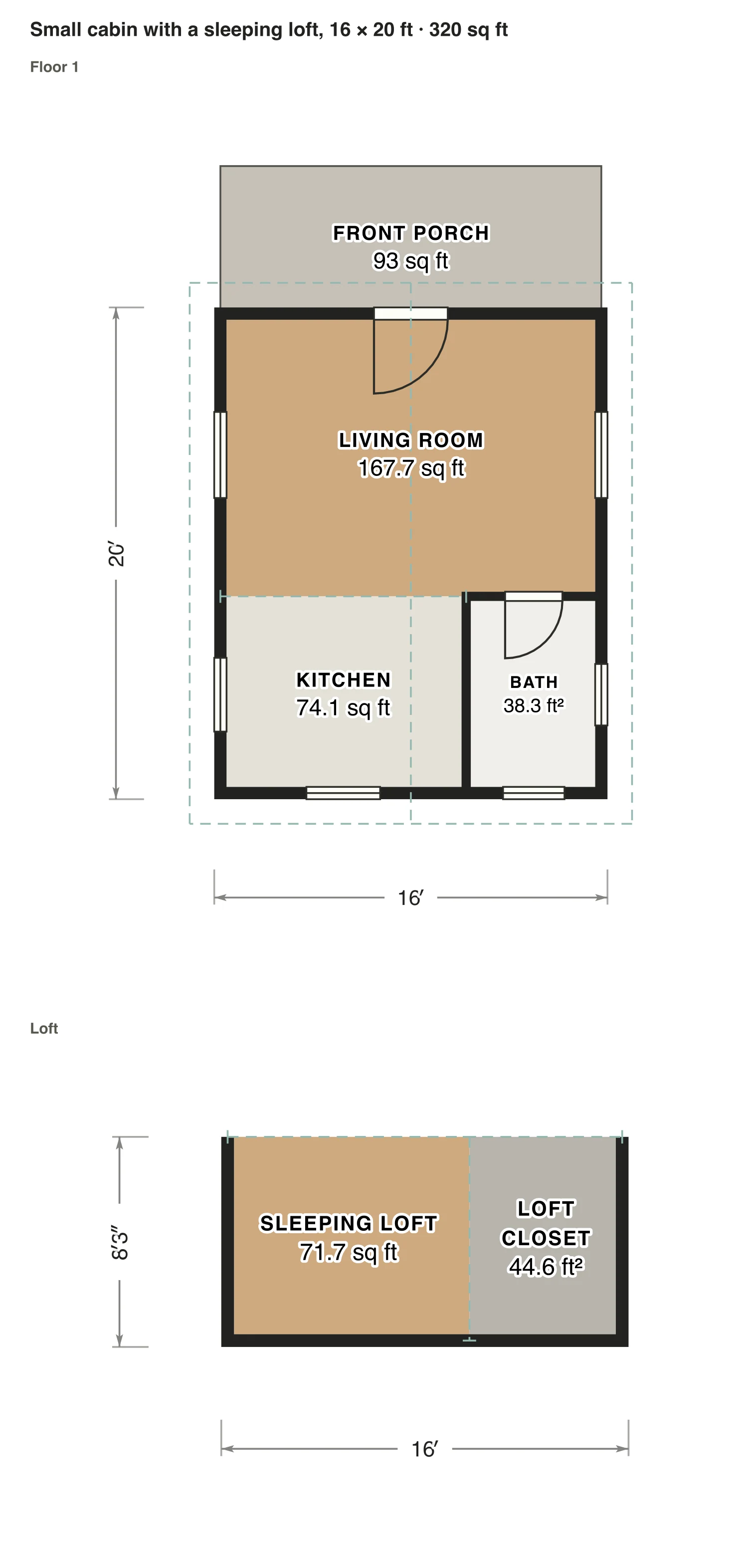 Small cabin with a sleeping loft, 16 × 20 ft floor plan: 320 sq ft (30 m²) finished, 1 bed, 1 bath · 2 floors, drawn to scale with every room labeled.