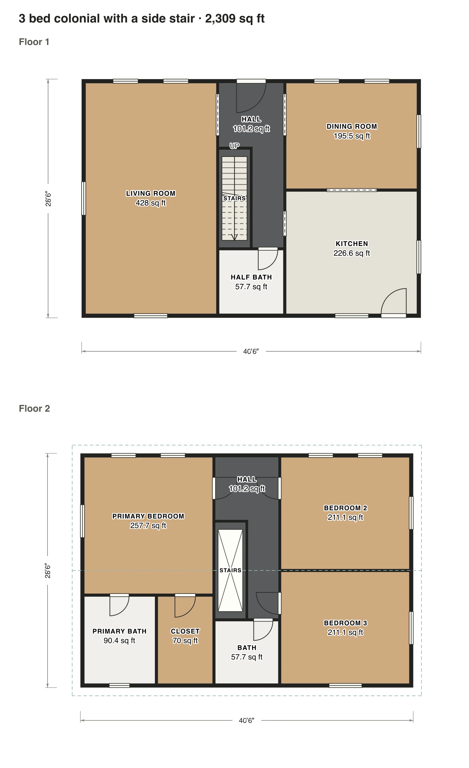 3 bed colonial with a side stair floor plan: 2,309 sq ft (215 m²) finished, 3 bed, 2.5 bath · 2 floors, drawn to scale with every room labeled.