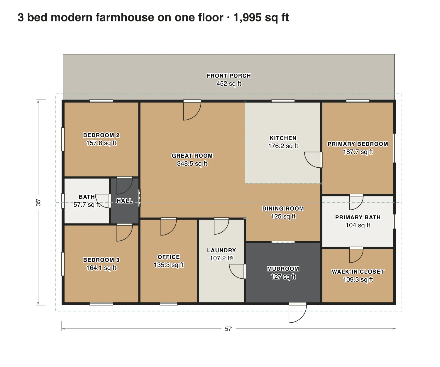 3 bed modern farmhouse on one floor floor plan: 1,995 sq ft (185 m²) finished, 3 bed, 2 bath · one floor, drawn to scale with every room labeled.
