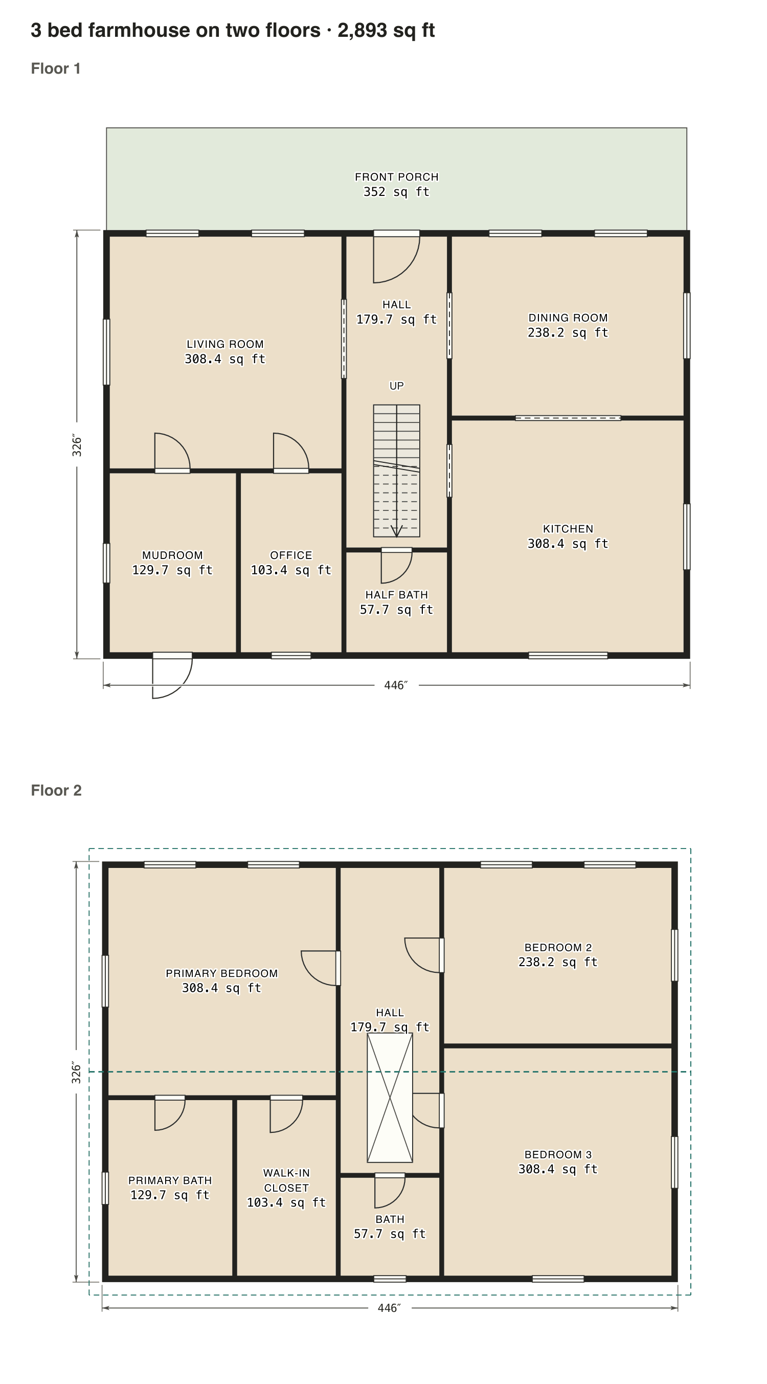 3 bed farmhouse on two floors floor plan: 2,893 sq ft (269 m²) finished, 3 bed, 2.5 bath · 2 floors, drawn to scale with every room labeled.