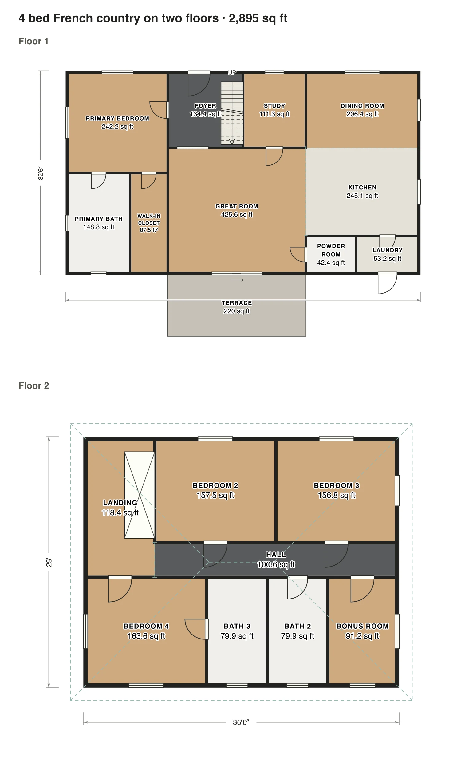 4 bed French country on two floors floor plan: 2,895 sq ft (269 m²) finished, 4 bed, 3.5 bath · 2 floors, drawn to scale with every room labeled.
