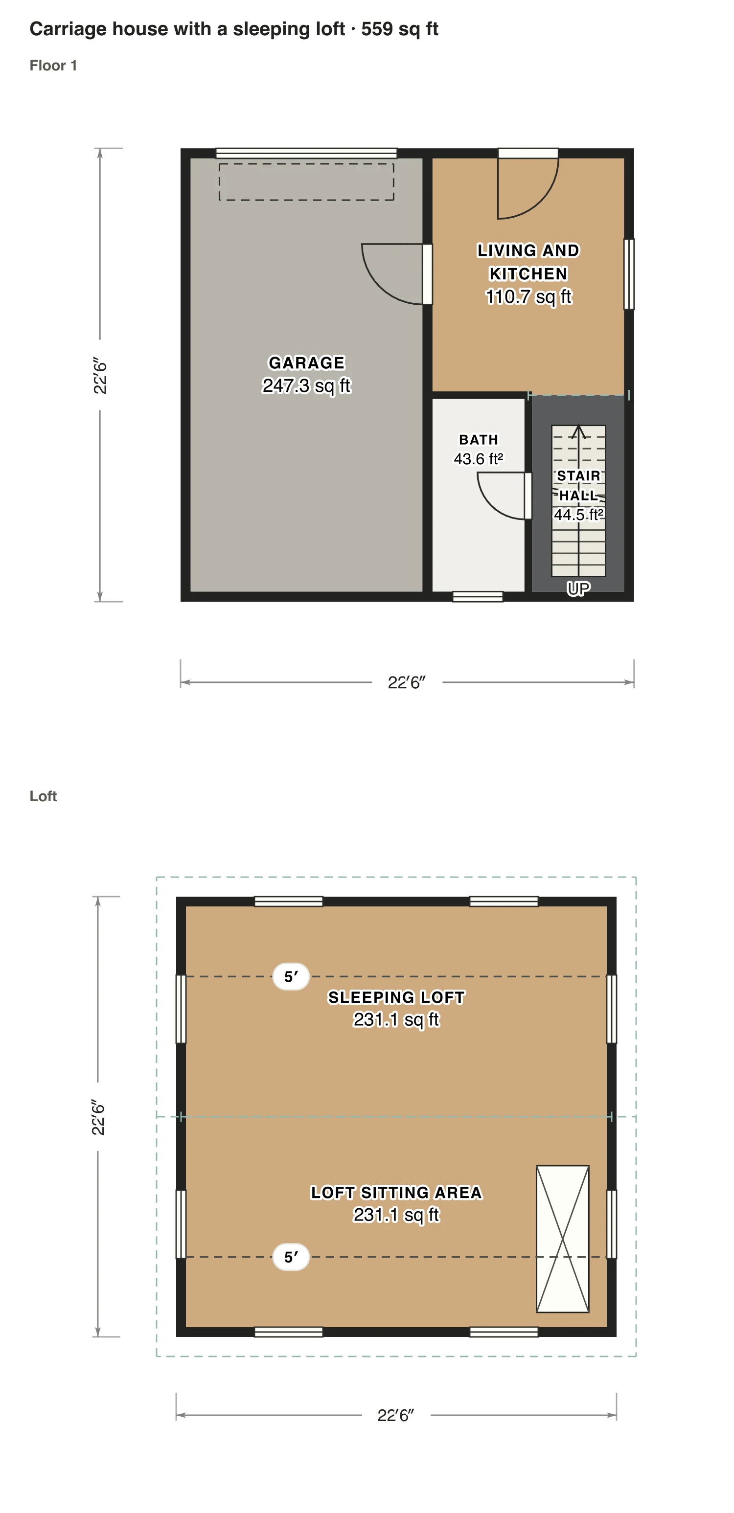 Carriage house with a sleeping loft floor plan: 559 sq ft (52 m²) finished, 1 bed, 1 bath · 2 floors, drawn to scale with every room labeled.