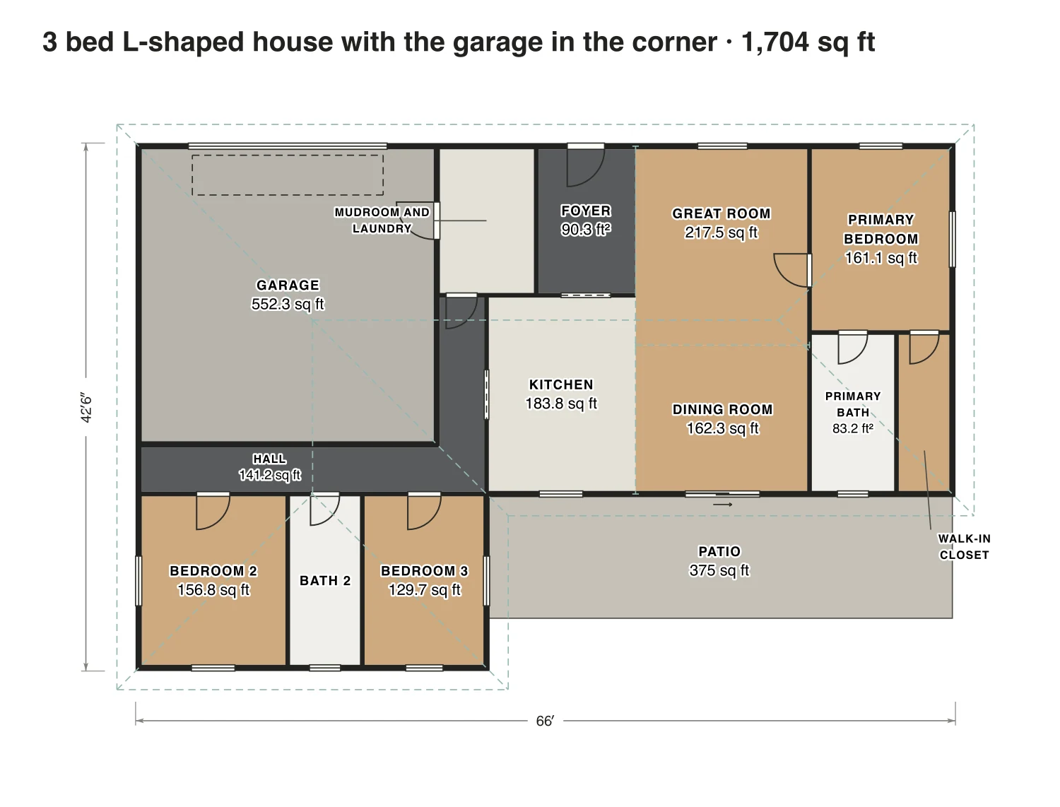 3 bed L-shaped house with the garage in the corner floor plan: 1,704 sq ft (158 m²) finished, 3 bed, 2 bath · one floor, drawn to scale with every room labeled.