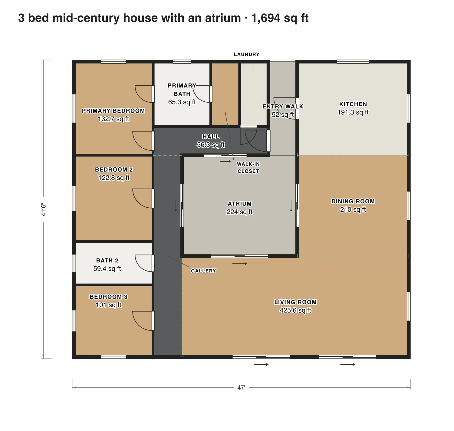 3 bed mid-century house with an atrium floor plan: 1,694 sq ft (157 m²) finished, 3 bed, 2 bath · one floor, drawn to scale with every room labeled.