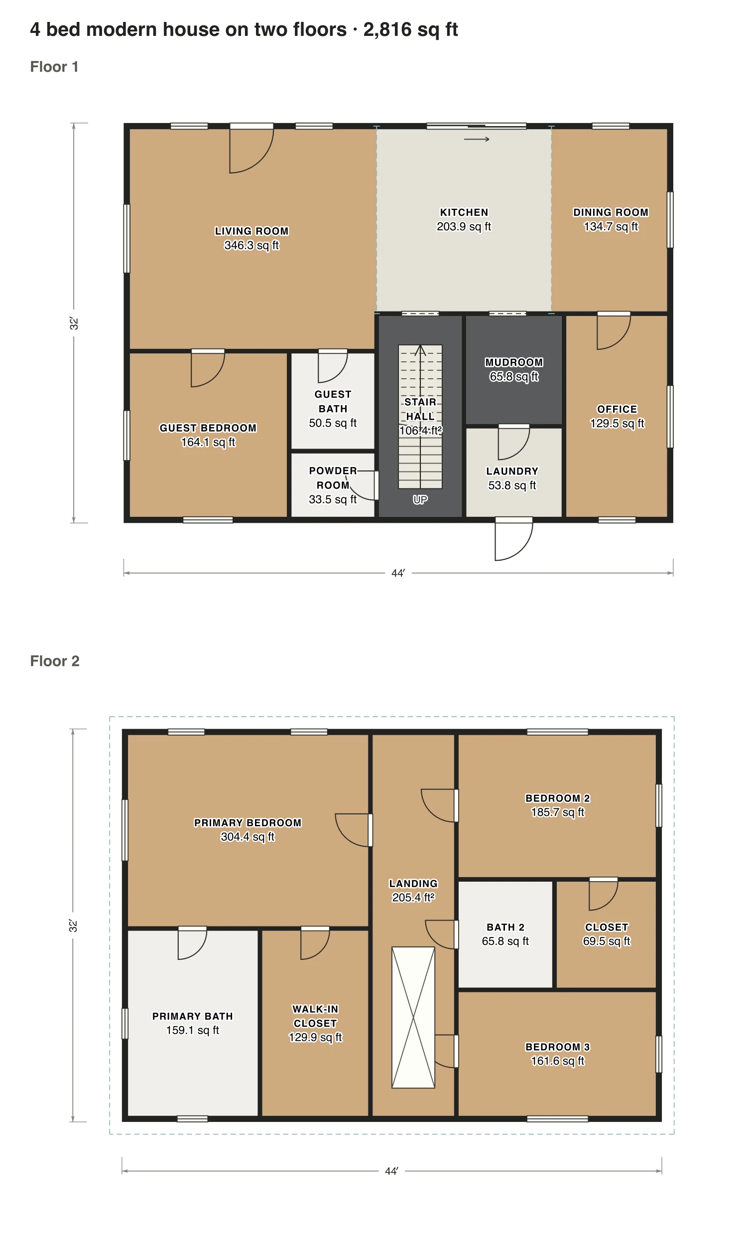4 bed modern house on two floors floor plan: 2,816 sq ft (262 m²) finished, 4 bed, 3.5 bath · 2 floors, drawn to scale with every room labeled.