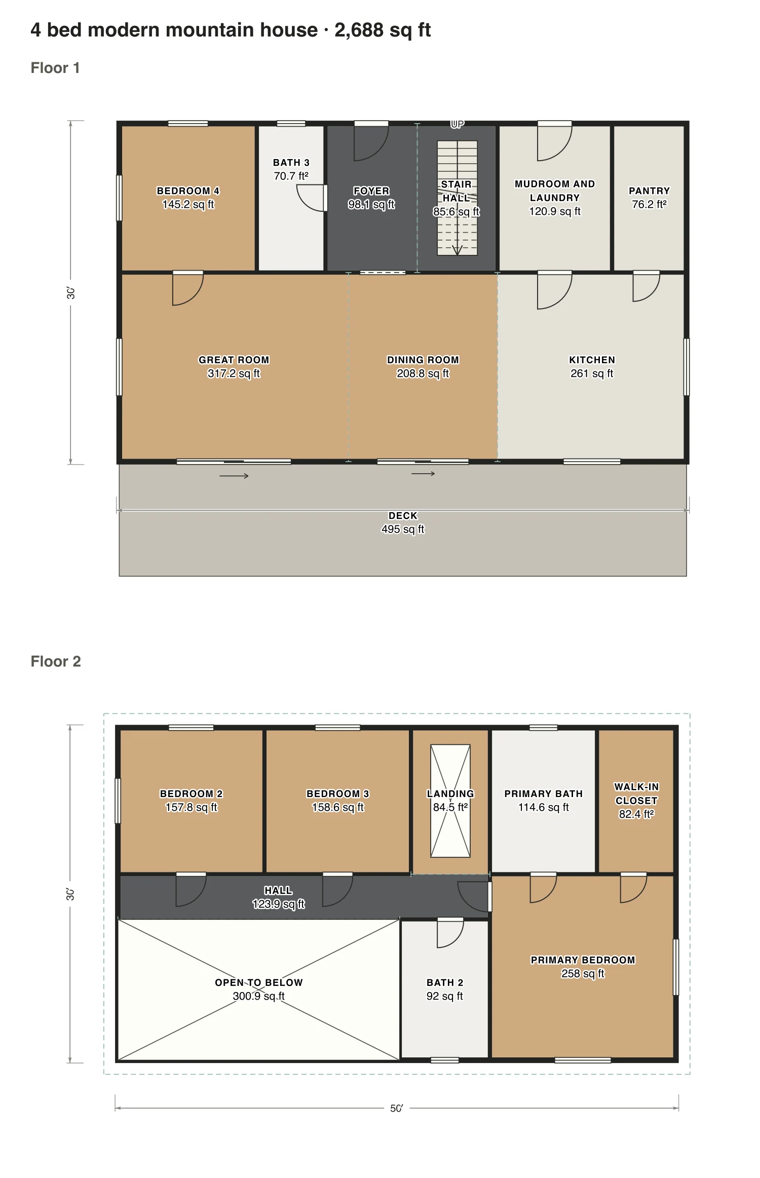 4 bed modern mountain house floor plan: 2,688 sq ft (250 m²) finished, 4 bed, 3 bath · 2 floors, drawn to scale with every room labeled.