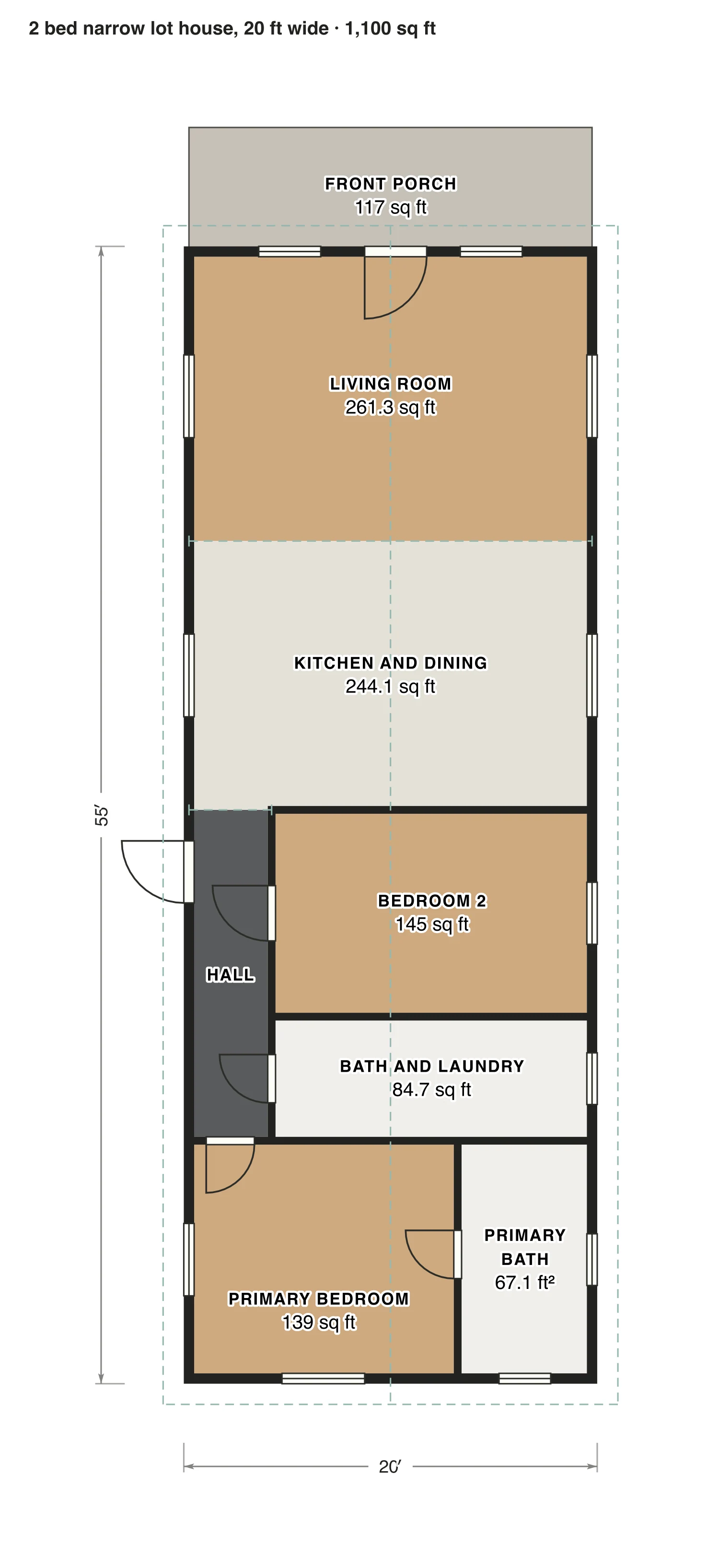 2 bed narrow lot house, 20 ft wide floor plan: 1,100 sq ft (102 m²) finished, 2 bed, 2 bath · one floor, drawn to scale with every room labeled.