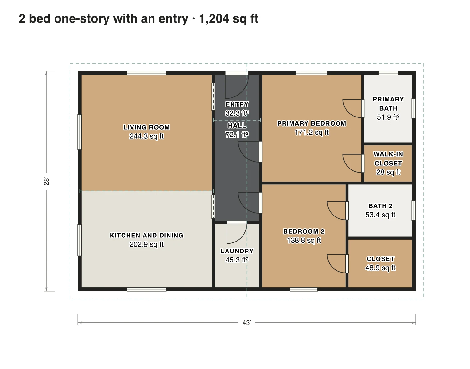 2 bed one-story with an entry floor plan: 1,204 sq ft (112 m²) finished, 2 bed, 2 bath · one floor, drawn to scale with every room labeled.