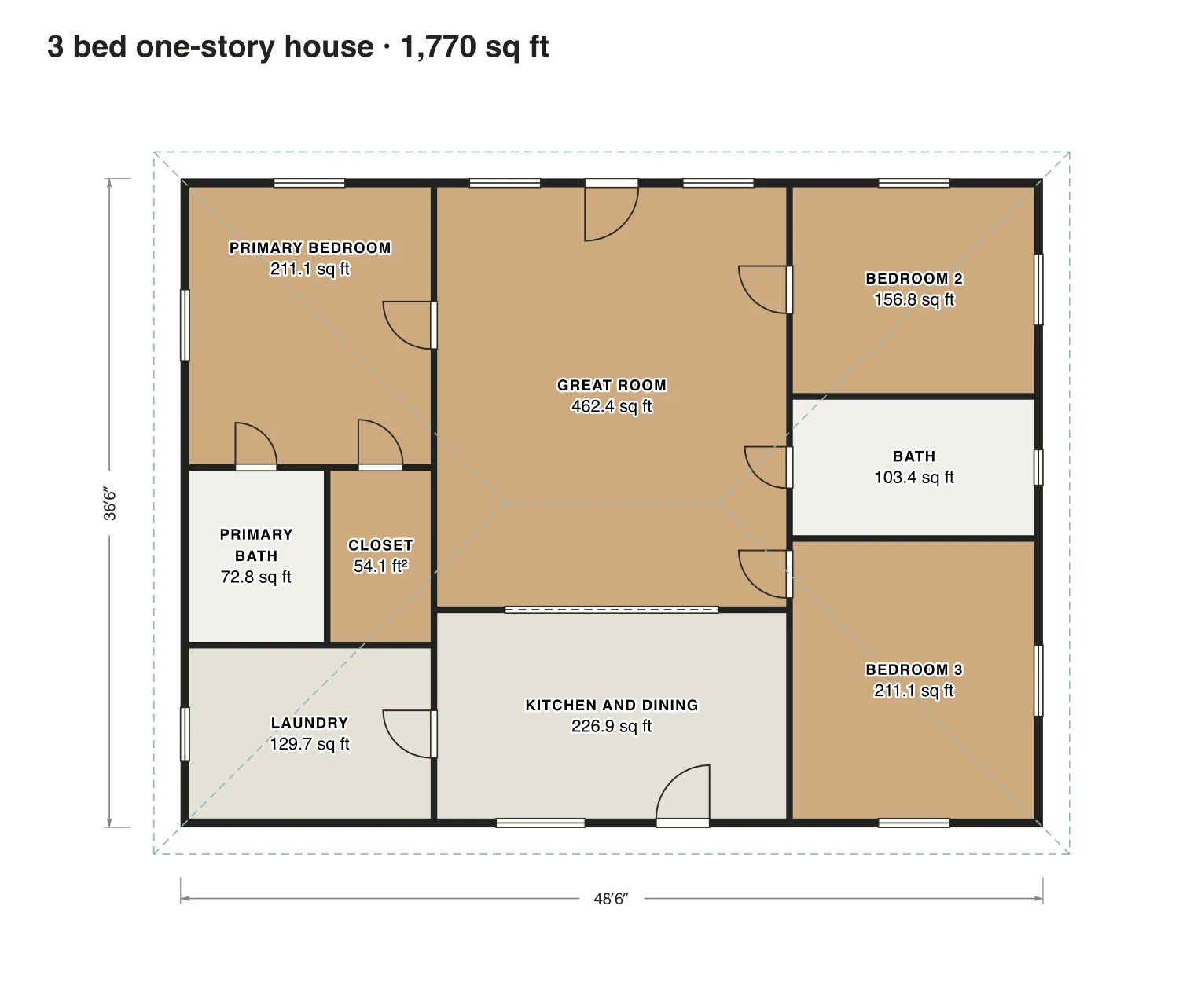 3 bed one-story house floor plan: 1,770 sq ft (164 m²) finished, 3 bed, 2 bath · one floor, drawn to scale with every room labeled.