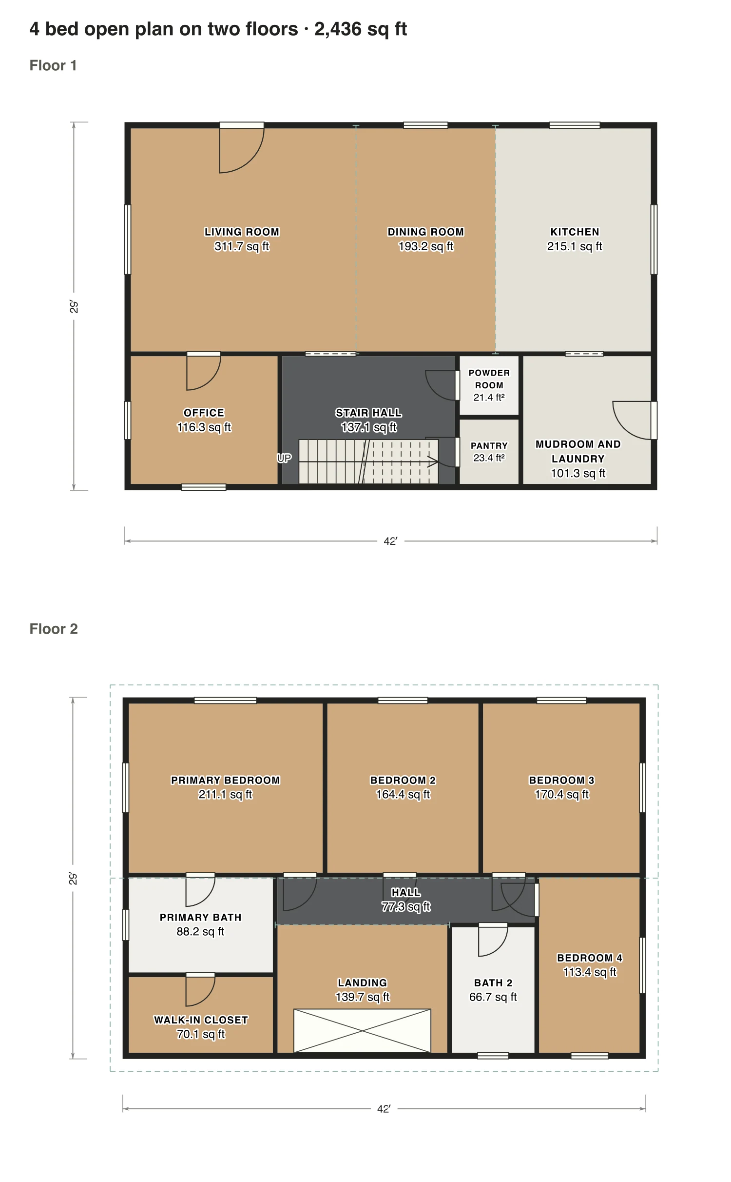 4 bed open plan on two floors floor plan: 2,436 sq ft (226 m²) finished, 4 bed, 2.5 bath · 2 floors, drawn to scale with every room labeled.