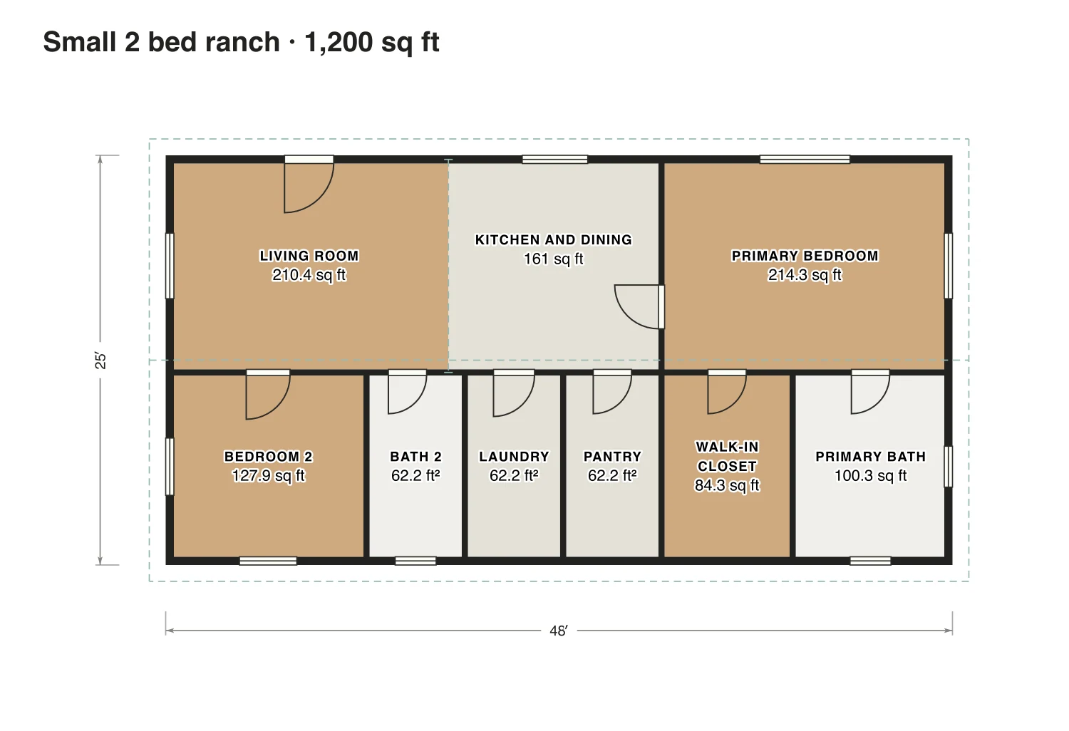 Small 2 bed ranch floor plan: 1,200 sq ft (111 m²) finished, 2 bed, 2 bath · one floor, drawn to scale with every room labeled.