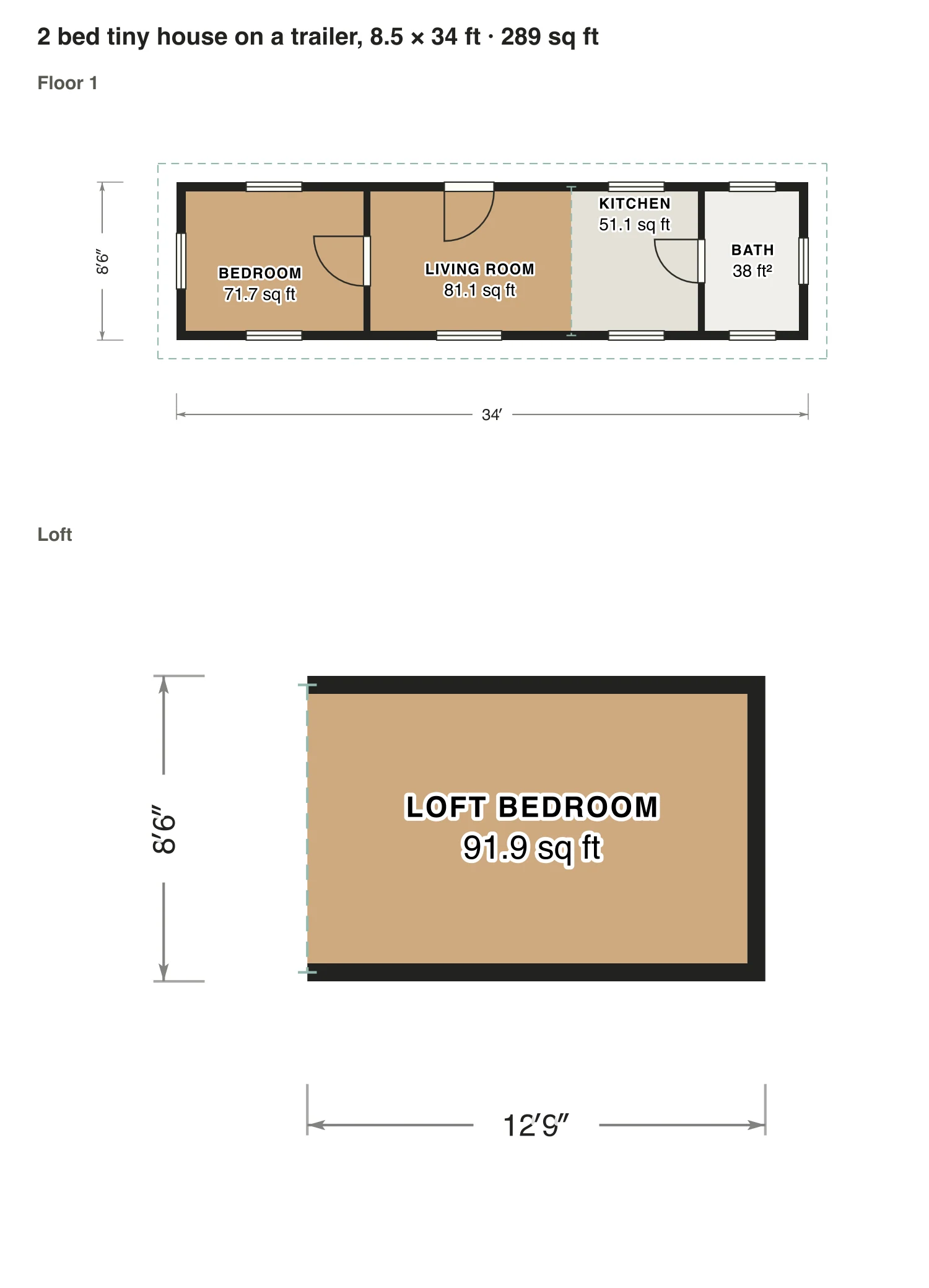 2 bed tiny house on a trailer, 8.5 × 34 ft floor plan: 289 sq ft (27 m²) finished, 2 bed, 1 bath · 2 floors, drawn to scale with every room labeled.