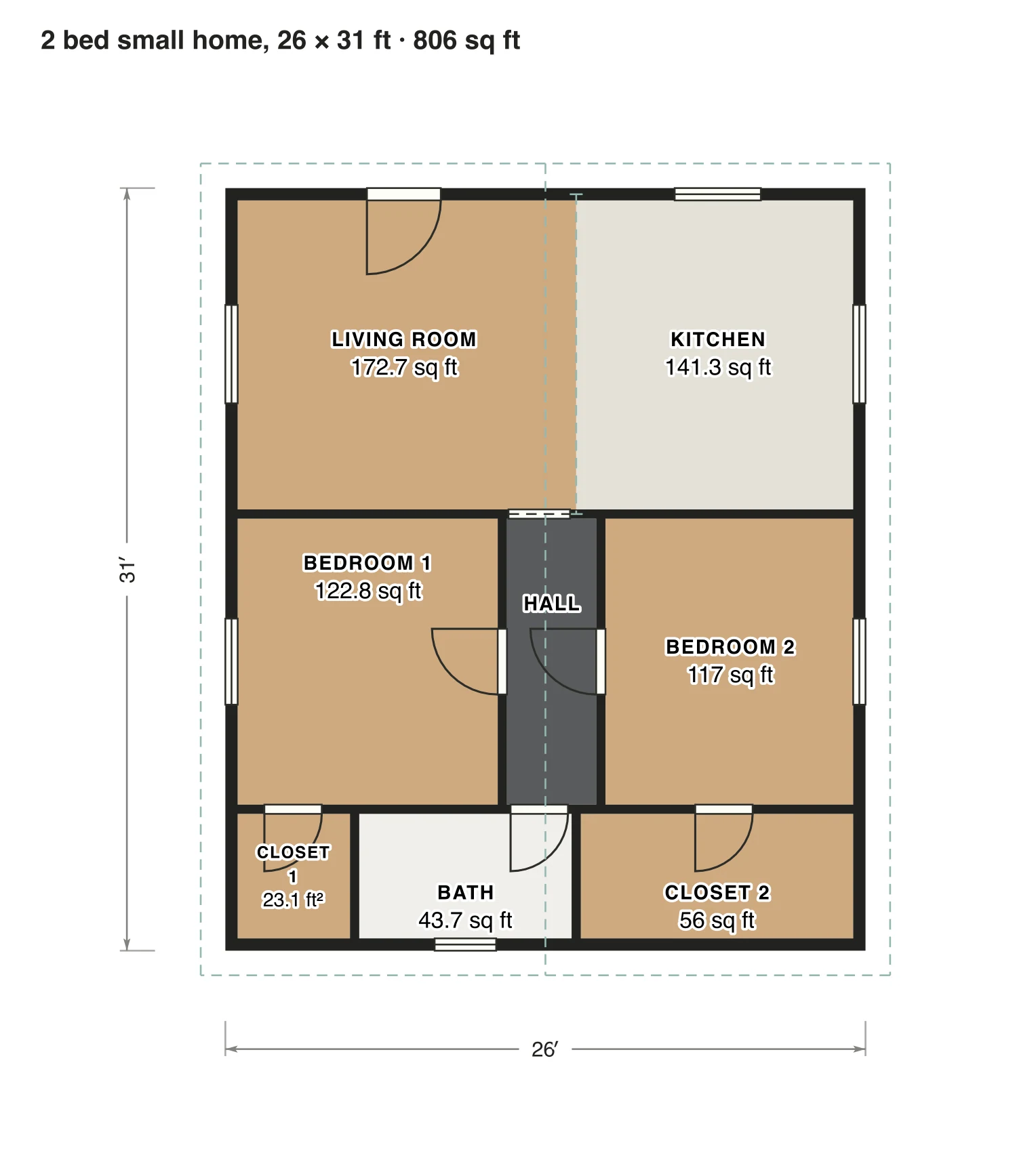 2 bed small home, 26 × 31 ft floor plan: 806 sq ft (75 m²) finished, 2 bed, 1 bath · one floor, drawn to scale with every room labeled.