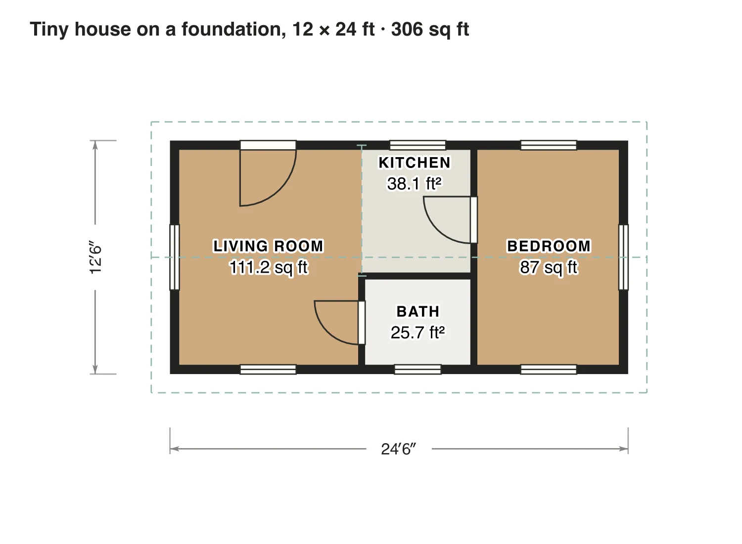 Tiny house on a foundation, 12 × 24 ft floor plan: 306 sq ft (28 m²) finished, 1 bed, 1 bath · one floor, drawn to scale with every room labeled.