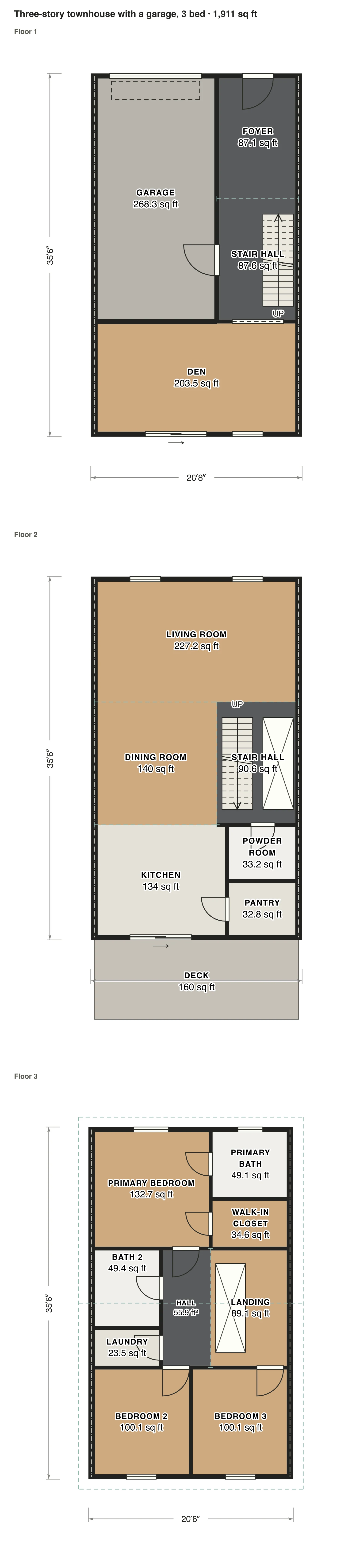 Three-story townhouse with a garage, 3 bed floor plan: 1,911 sq ft (178 m²) finished, 3 bed, 2.5 bath · 3 floors, drawn to scale with every room labeled.