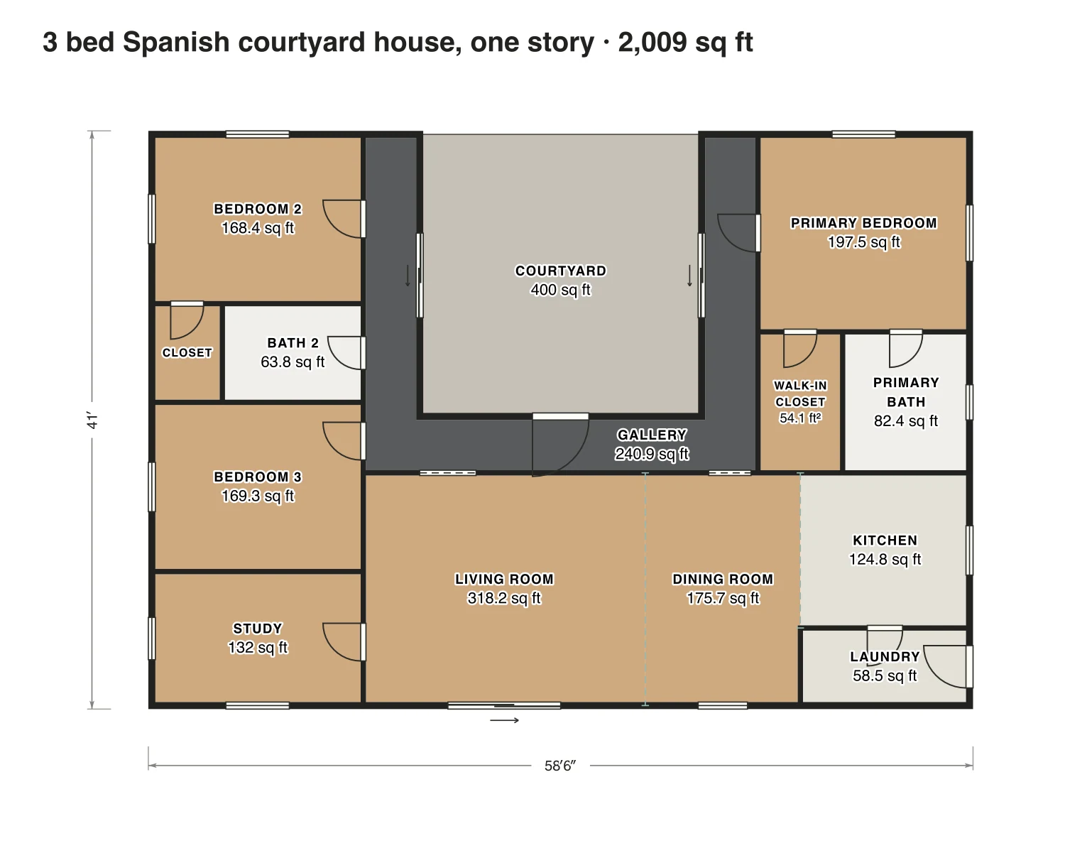 3 bed Spanish courtyard house, one story floor plan: 2,009 sq ft (187 m²) finished, 3 bed, 2 bath · one floor, drawn to scale with every room labeled.