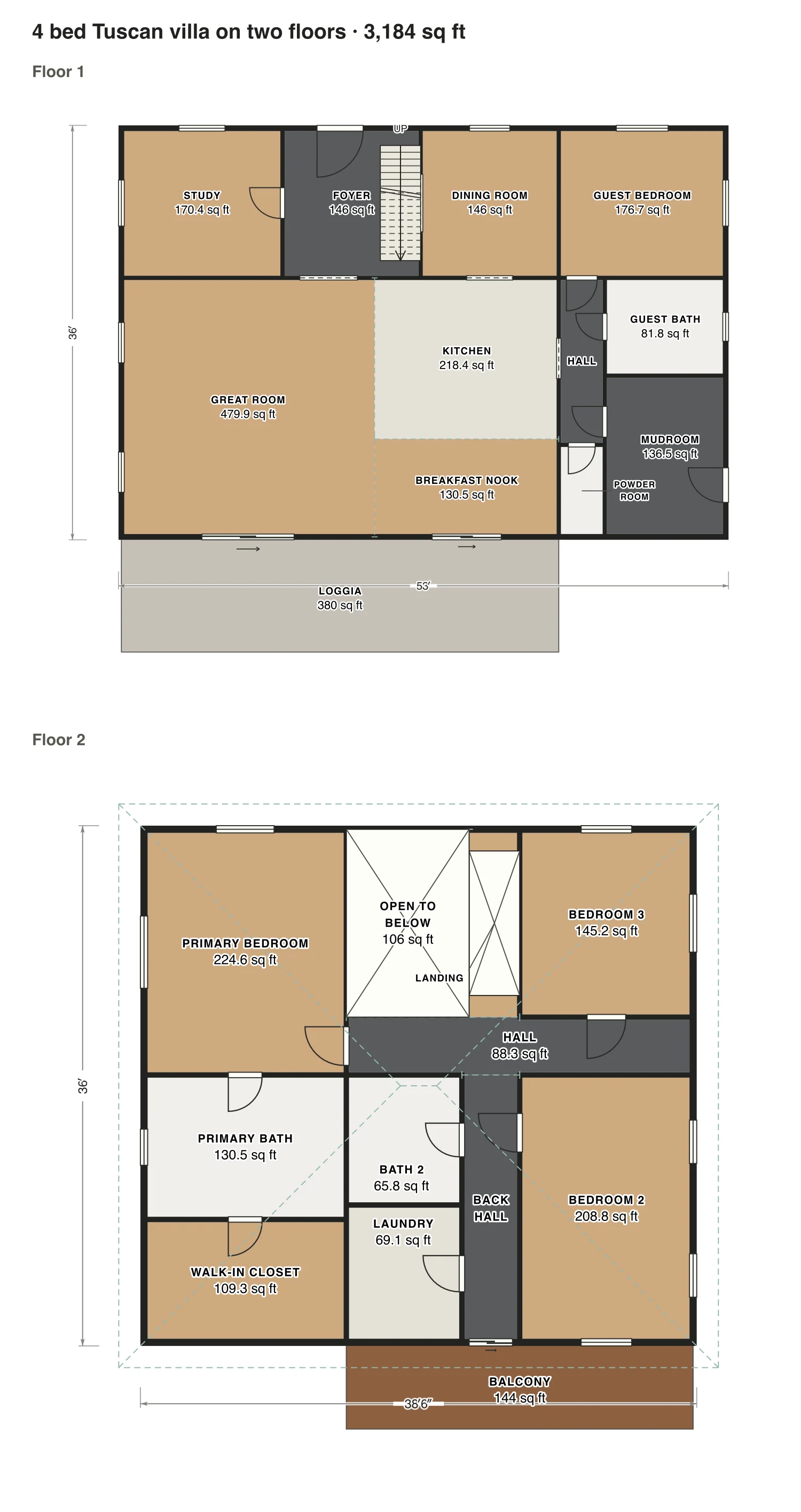 4 bed Tuscan villa on two floors floor plan: 3,184 sq ft (296 m²) finished, 4 bed, 3.5 bath · 2 floors, drawn to scale with every room labeled.
