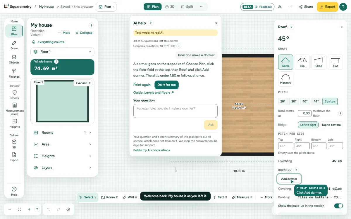The AI help window with an answer about a dormer, and the AI mouse pointing at Add dormer in the Roof panel.