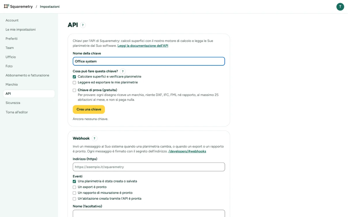 Impostazioni, API, con il nome di una chiave e cosa può fare.