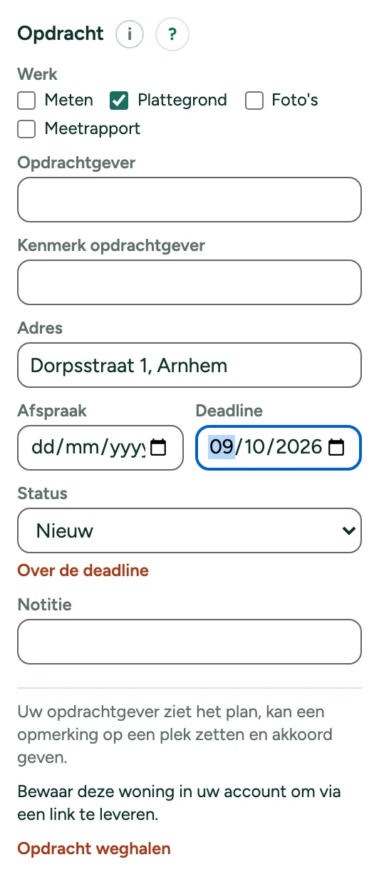 Een opdracht met het werk, het adres, de deadline en de status.