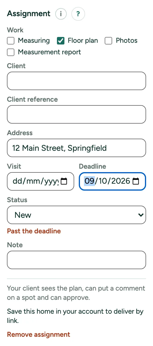 An assignment with the work, the address, the deadline and the status.