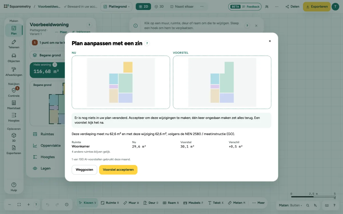 Een voorstel voor maak de keuken open: de verdieping nu en met de wijziging, en het verschil in oppervlakte per ruimte.