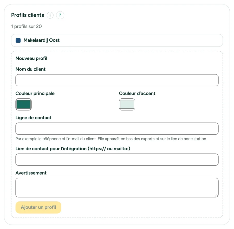 La carte Profils clients dans Paramètres, Cabinet, avec un profil et le formulaire pour un nouveau.