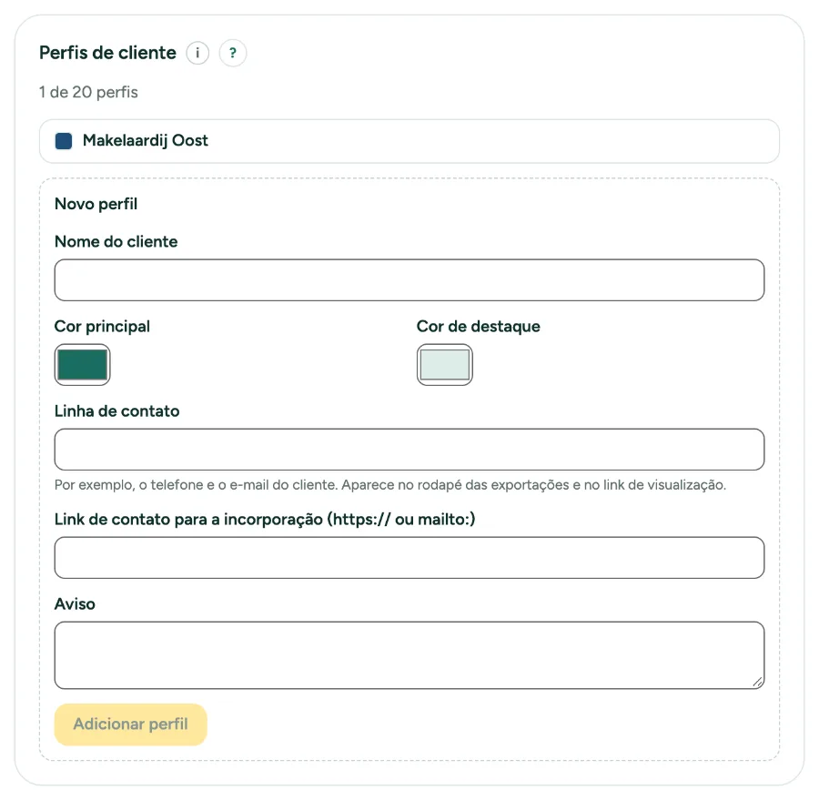 O cartão Perfis de cliente em Configurações, Escritório, com um perfil e o formulário para um novo.