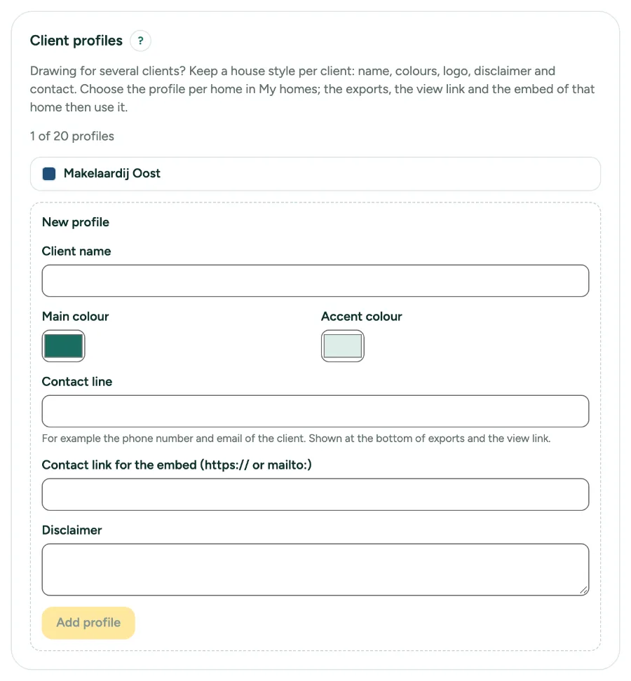 The Client profiles card in Settings, Office, with one profile and the form for a new one.