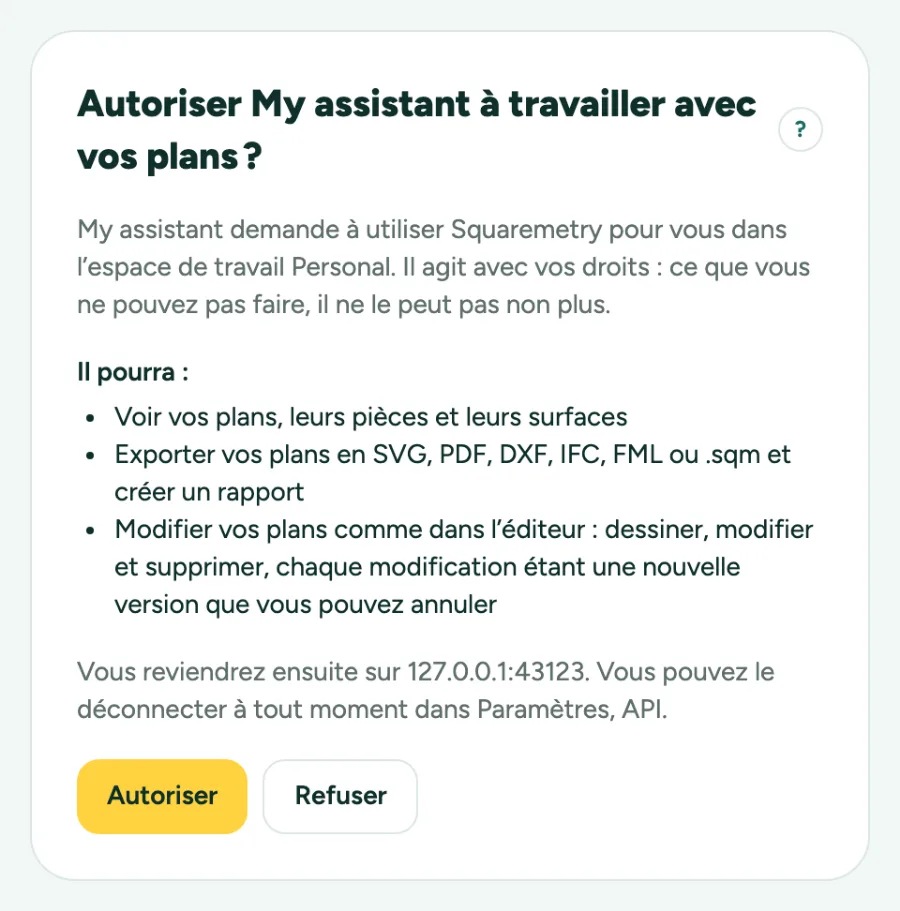 La page où vous autorisez un assistant IA : qui demande, dans quel espace de travail et ce qu’il pourra faire.