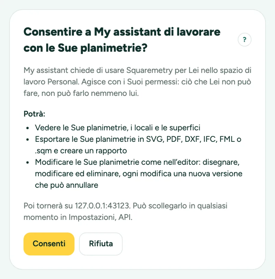 La pagina in cui consente un assistente IA: chi chiede, in quale spazio di lavoro e cosa potrà fare.