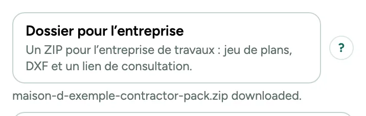 Le bouton Dossier pour l’entreprise dans la fenêtre Exporter, avec le contenu du ZIP et le fichier téléchargé.