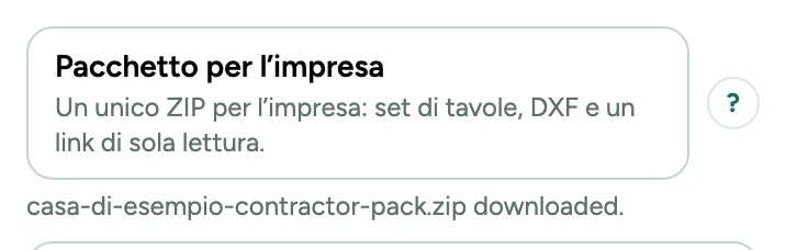 Il pulsante Pacchetto per l’impresa nella finestra Esporta, con il contenuto dello ZIP e il file scaricato.
