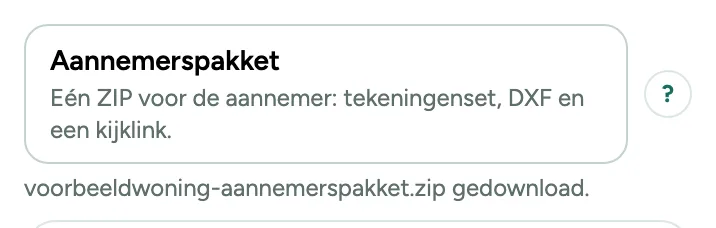 De knop Aannemerspakket in het venster Exporteren, met wat er in de ZIP gaat en het bestand dat net is gedownload.