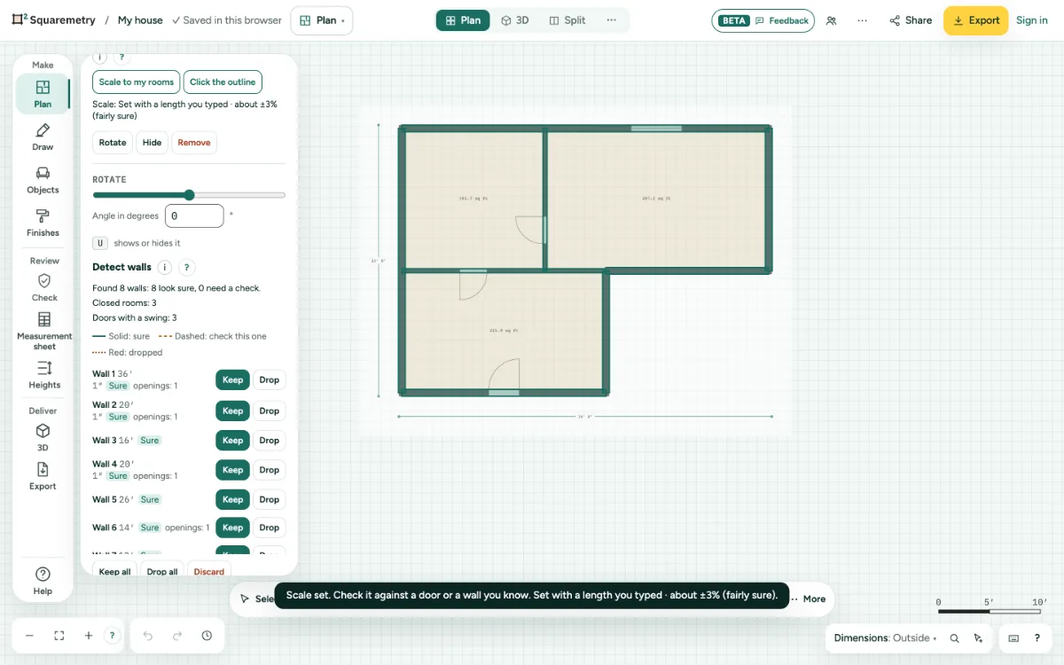 Detect walls on a traced plan: eight walls found, all marked sure, three closed rooms, each wall with Keep and Drop.