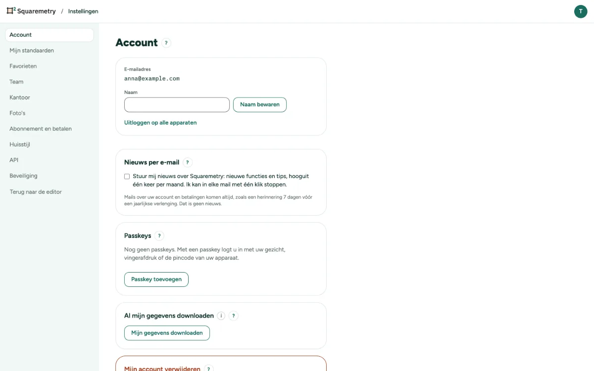 Instellingen, Account, met uw gegevens downloaden en uw account verwijderen.