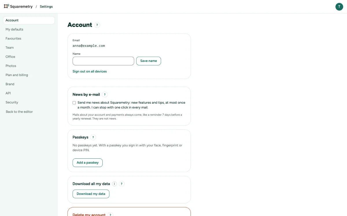 Settings, Account, with Download my data and Delete my account.