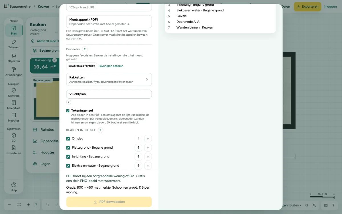 Het venster Exporteren met Tekeningenset: de lijst bladen met pijlen en het genummerde voorbeeld.
